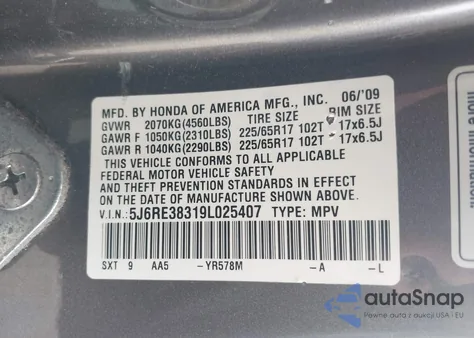 2009 Honda Cr-V Lx from USA, damaged, VIN 5J6RE38319L025407